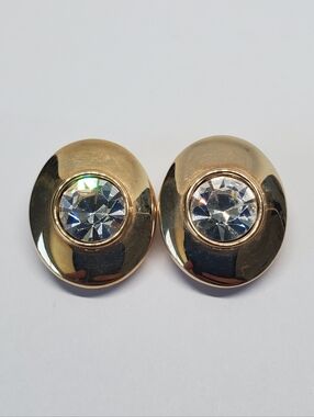 Vintage Swarovski Gold Plated Oval Clear Crystal Clip On Earrings